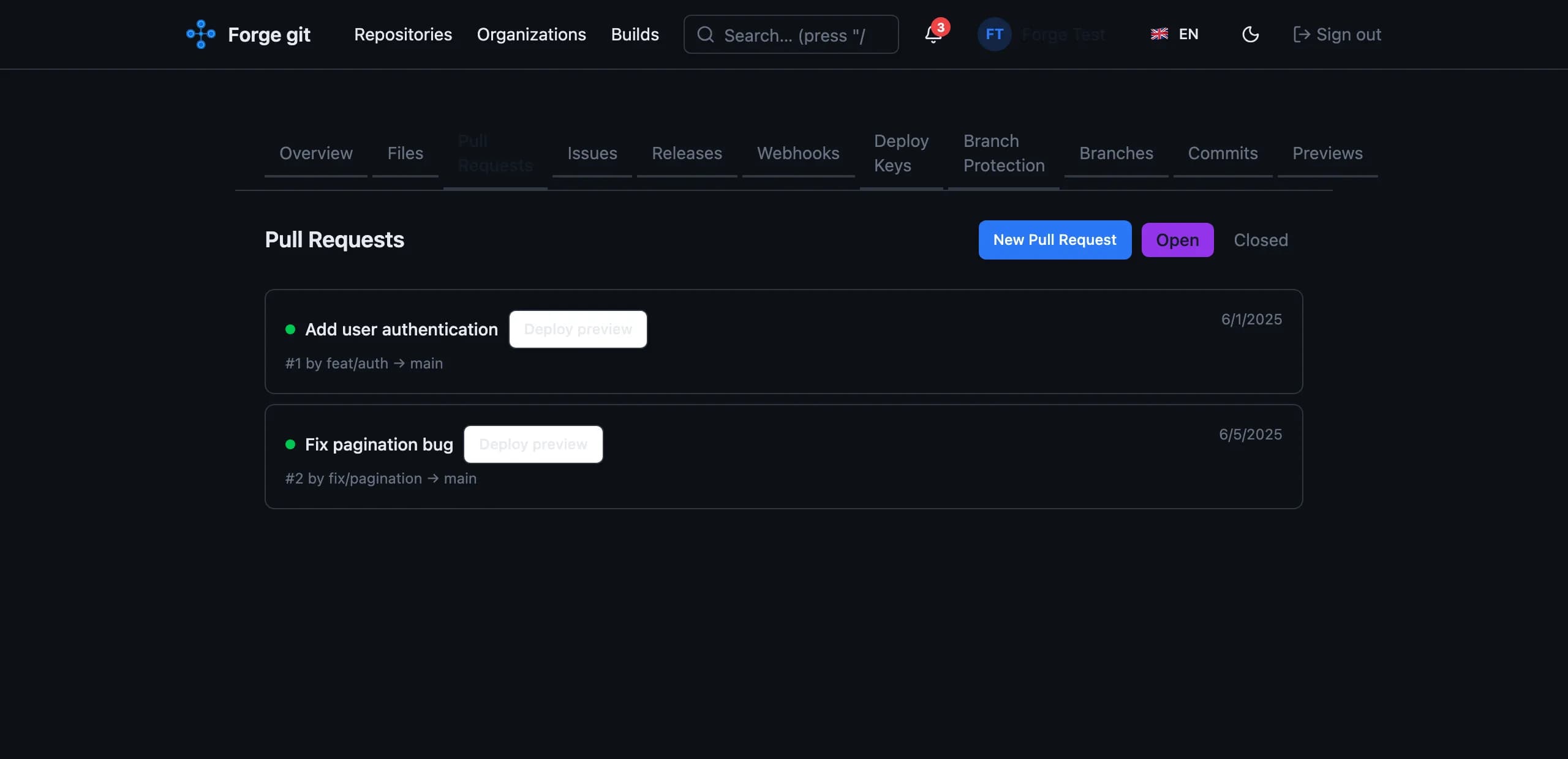 The Forge git pull request list, showing a Deploy preview button on each open pull request