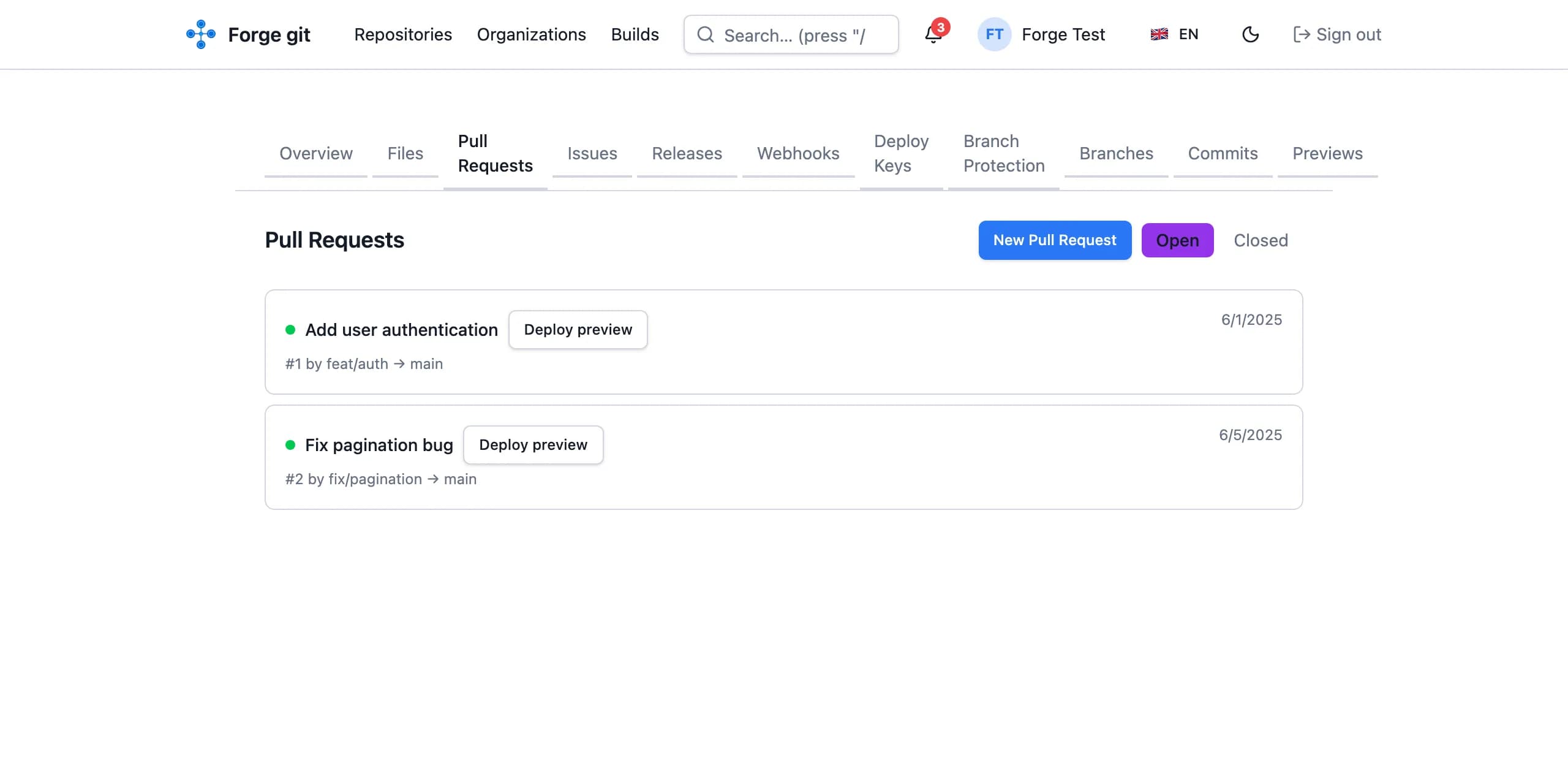 The Forge git pull request list, showing a Deploy preview button on each open pull request